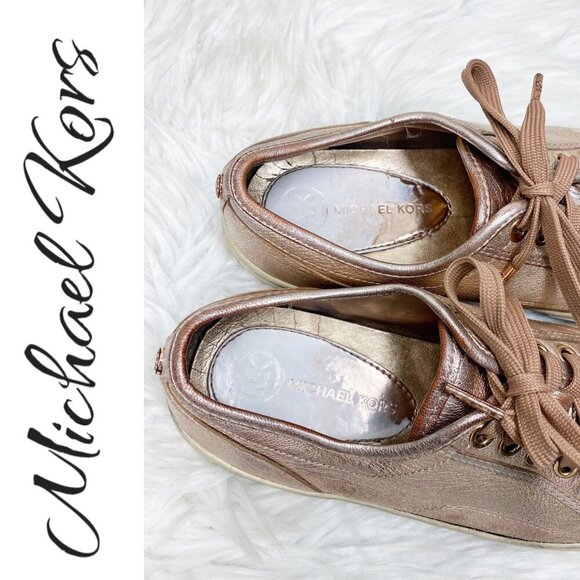 MICHAEL KORS ROSE GOLD METALLIC STUDDED LOW TOP LEATHER SNEAKERS, SIZE 6.5 - Picture 2 of 12